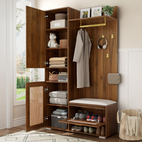 Mueble de Recibidor con 3 Puertas, Espejo, Banco y LED 16 Colores, Estilo Moderno, en MDF, Nogal/Blanco, 110×38×190 cm