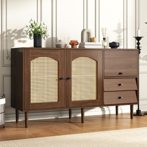 Aparador y Buffet con 2 Puertas de Ratán, Estantes Ajustables, Estilo Rústico, en Tablero de Partículas, Madera, 130×40×75,5 cm