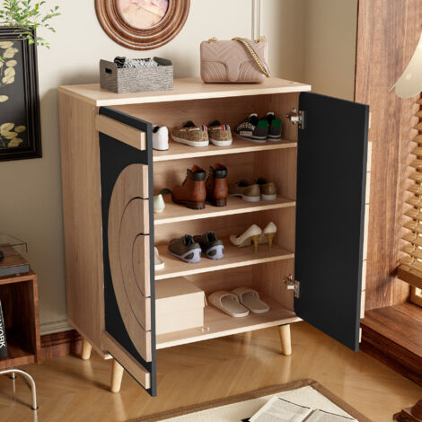 Mueble Zapatero con 2 Puertas Geométricas Redondas, Estantes Multinivel, Estilo Moderno, en MDF, Negro, 76×37×98,5 cm (1/5)