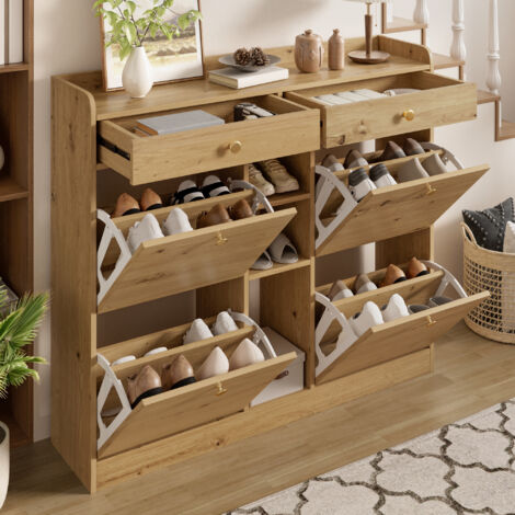 Mueble Zapatero con 4 Puertas Abatibles, 2 Cajones y 3 Huecos Abiertos, Estilo Minimalista, en Tablero de Partículas, 110×26×100 cm, Natural