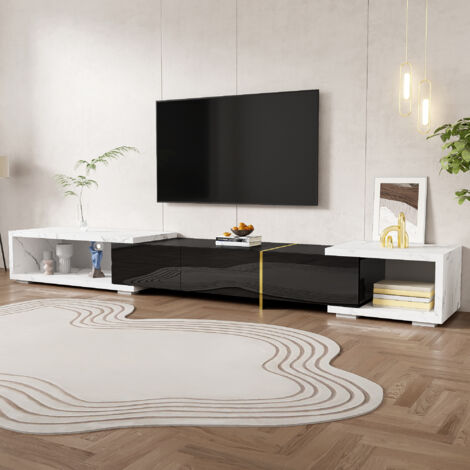 Mueble TV extensible 140–260 cm giratorio, con 2 Huecos, Estilo Moderno, Negro Brillo Mate, Efecto Mármol Blanco, MDF