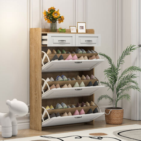 Armario Zapatero con 3 Puertas Abatibles Giratorias y 2 Cajones, Estilo Moderno, en Tablero de Partículas, Blanco y Natural, 80×23,5×131 cm