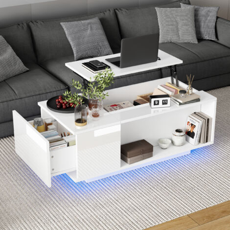 Mesa de Centro Elevable con 1 Cajón, Almacenaje Oculto y LED Bluetooth, Acabado Alto Brillo, en Aglomerado, Blanco