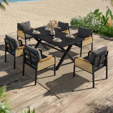 Conjunto De Mesa Y Sillas De Jardín con 1 Mesa y 6 Sillas, Respaldo Transpirable y Cojines, para Terraza, Hierro y Poliéster, Negro y Natural