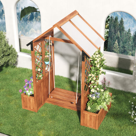 Jardinera Con Enrejado Y Columpio, Techo PC Anti-UV, Madera Maciza Marrón, para Jardín Terraza Balcón 163×142×70 cm
