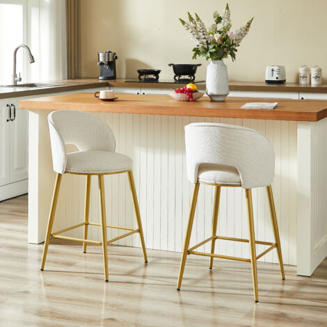 Lote de 2 Taburetes de Bar con Respaldo Calado y Reposapiés, para Cocina e Isla, Tejido, Beige