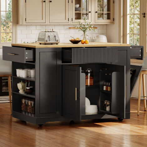 Carro de Cocina con 2 Puertas, 3 Cajones, Compartimento para Residuos y 5 Ruedas, en MDF y Metal, 120x50x92 cm