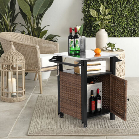 Carro de cocina con 1 Puerta, 1 Cajón, Ruedas y Encimera de Acero Inoxidable para Jardín 76x57x85 cm