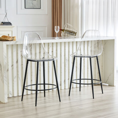 Lote de 2 Taburetes de Bar, Respaldo Transparente, Patas Ajustables, para Cocina e Isla, Plástico y Metal, Transparente y Negro
