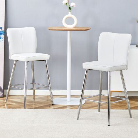 Lote de 2 Taburetes de Bar con Respaldo Ergonomico y Reposapies, Metal y Piel PU, Blanco y Plata