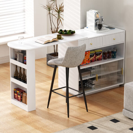 Mueble Bar Extensible y Giratorio con Almacenaje, LED y Puertos USB y Type C para Cocina, MDF, Blanco, 120 x 50 x 95,5 cm