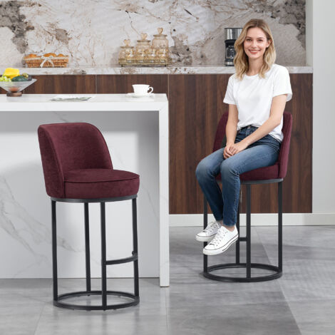Lote de 2 Taburetes de Bar con Respaldo Ergonómico y Reposapiés, para Cocina y Barra, Lino Rojo Vino