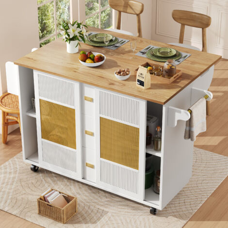 Isla de cocina con 3 cajones, 2 puertas correderas, mesa abatible y portatoallas, en MDF y metal, 146,85x70x90 cm, blanco