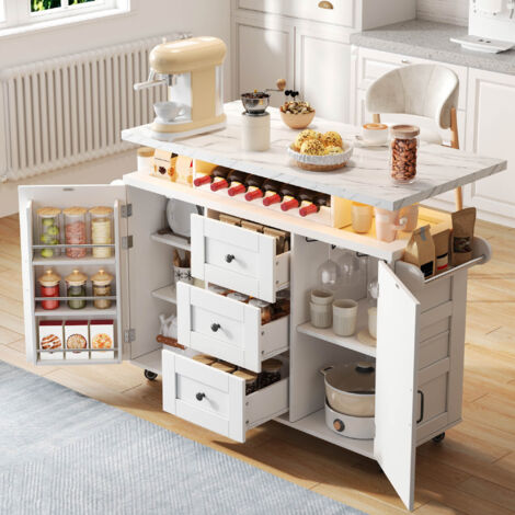 Isla de Cocina con 2 Puertas, 3 Cajones, Encimera Plegable y LED, en MDF, 138x60x93 cm, Blanco