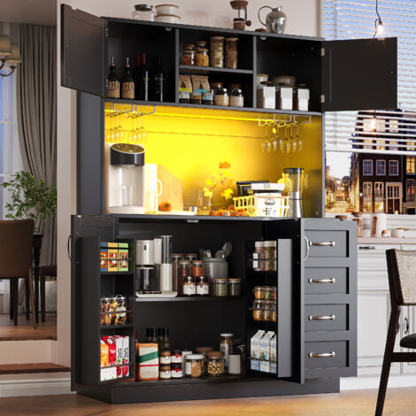 Aparador de Cocina con 4 Puertas, LED y Soporte para Bebidas, en MDF, para Cocina o Comedor, 120x40x188 cm, Negro