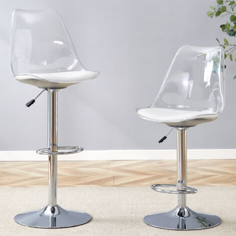 Lote de 2 Taburetes de Bar Ajustables, Giratorios 360° con Respaldo Transparente, Metal y Plastico, Plateado y Transparente