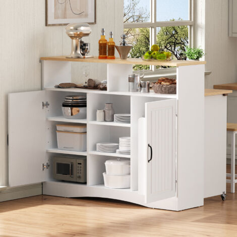 Isla de cocina con encimera abatible, baldas ajustables, huecos abiertos y 2 taburetes, en MDF, 110 x 34-68 x 97,5 cm, blanco