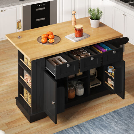 Carro de Cocina con 3 Cajones, 2 Puertas, Estantes Abiertos, Enchufe y Toallero, Cocina, en MDF, 132x40x87 cm, Natural y Negro