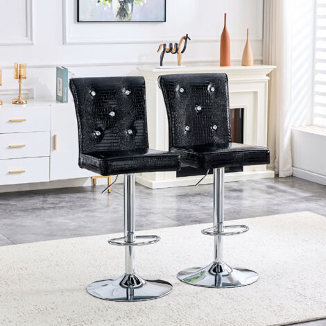 Lote de 2 Taburetes de Bar Regulables, Respaldo con Motivo Cocodrilo y Botones Cristal, PVC, Negro (1/5)