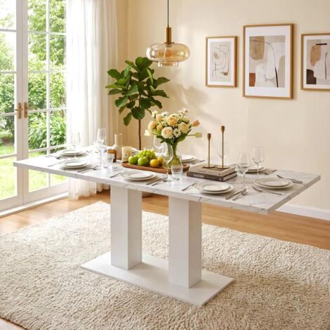 Mesa de Comedor para 4 a 8 Personas Extensible con Tablero de 30 mm y Doble Pie Central en MDF Blanco