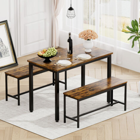 Conjunto de Mesa y Sillas con 1 Mesa y 2 Bancos, para 4 Personas, Tablero de Partículas y Acero, Marrón Rústico y Negro