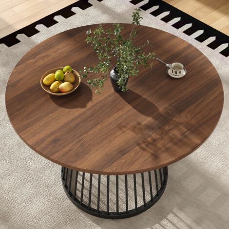Mesa de Comedor Redonda con Patas Ajustables, en MDF y Metal, Nogal y Negro, 80×80×76 cm