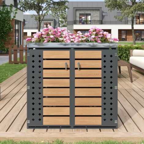 Cobertizo para Cubos de Basura de 2 Compartimentos con Jardinera Integrada y Puertas con Cerradura Acero Gris