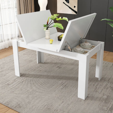 Mesa de comedor con almacenaje oculto y tablero abatible para comedor, en MDF, Blanco, 120 × 70 cm