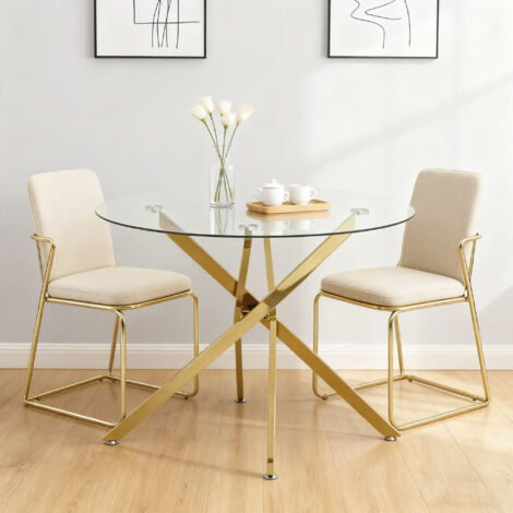 Mesa de Comedor Redonda para 2 a 4 Personas con Base de Cruz y Patas Regulables en Vidrio y Metal Dorado 80 x 80 x 76 cm