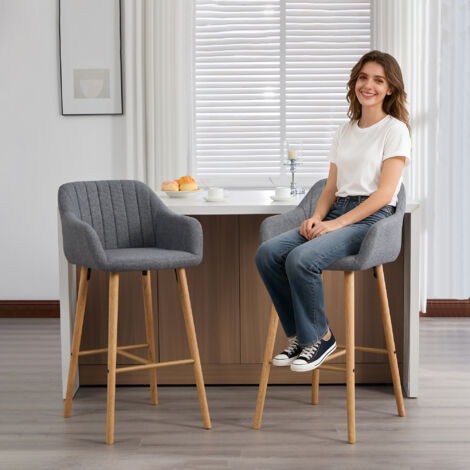 Lote de 2 Taburetes de Bar con Respaldo Alto y Reposabrazos, para Isla de Cocina y Barra, Lino, Gris