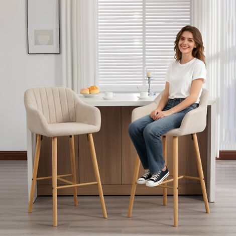 Juego de 2 Taburetes de Bar con Respaldo Alto y Reposabrazos, para Isla de Cocina y Barra, Lino y Beige