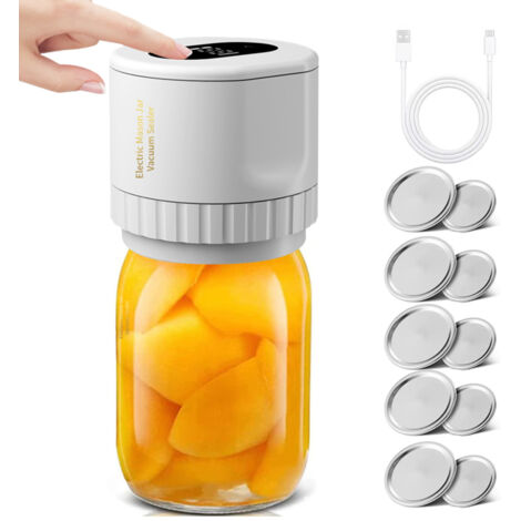 Kit de mise sous vide électrique sans fil pour bocaux Mason, idéal pour la conservation et la fermentation des aliments, avec couvercles pour bocaux Mason à large et à ouverture standard.