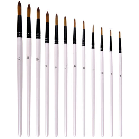Ensemble de 12 pinceaux à tête ronde en nylon, blancs, pour la peinture acrylique, à l'huile et à l'aquarelle. (1/5)