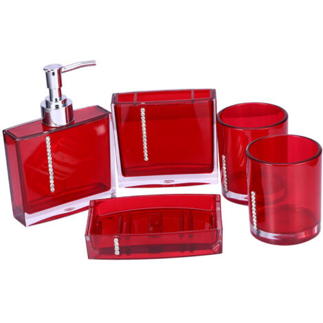 Ensemble de 5 accessoires de salle de bain en acrylique : gobelet, flacon, porte-brosse à dents et porte-savon. (1/5)