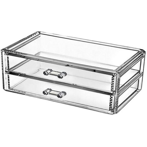 Boîte de rangement pour maquillage à 2 tiroirs en acrylique transparent, organisateur de bijoux et de cosmétiques transparents pour bureau, présentoir et rangement de maquillage, support à maquillage (1/5)
