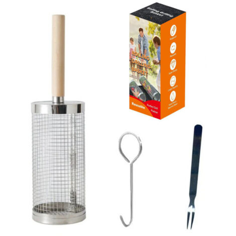 Panier de grill roulant, manche en bois détachable, acier inoxydable 304, accessoires de barbecue légumes et crevettes, camping (1/5)