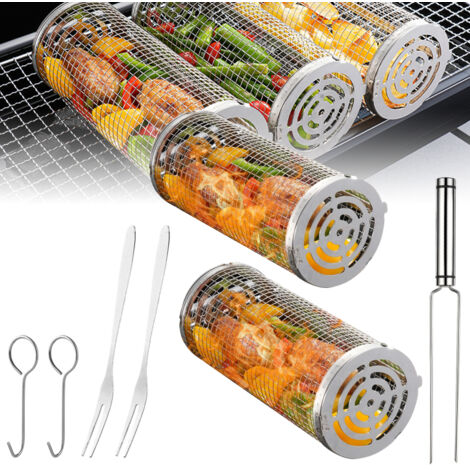 Paniers à griller roulants Accessoires barbecue en acier inoxydable Ensemble de 8 Tubes filet BBQ avec crochet Adapté aux légumes/frites/poisson/crevettes (1/5)