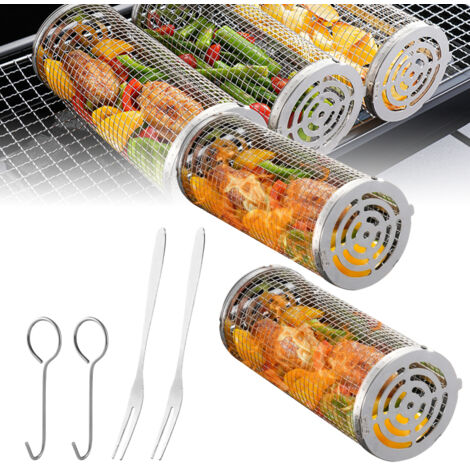 Paniers à griller roulants pour barbecue Ensemble de 7 Accessoires en acier inoxydable Cylindre filet BBQ avec crochet Idéaux légumes/frites/poisson/crevettes (1/5)