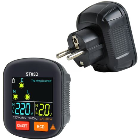 Testeur de prises numériques, détecteur RCD, vérificateur polarité/phase, écran couleur, 30-250 V (1/5)