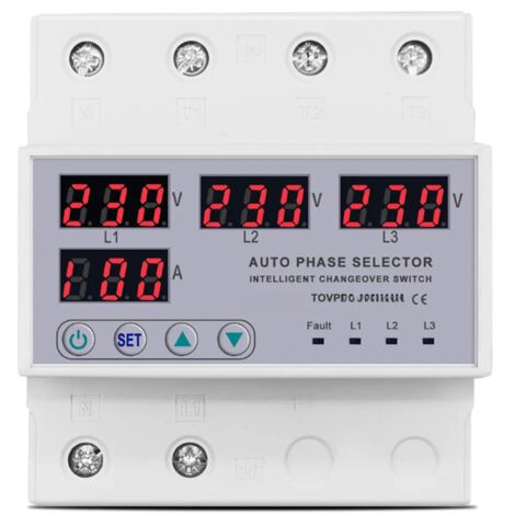 Relais sélecteur de phase triphasé 100 A sur rail DIN, protection contre les surtensions et les sous-tensions (3P+N), réglable, 50/60 Hz, 140–300 V CA