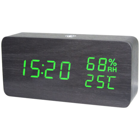 Horloge intelligente, affichage température/humidité, 4 niveaux luminosité, commande vocale, USB/batterie, (bois noir, lumière verte) (1/5)