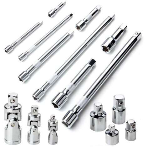 Kit d'extensions de douilles 16pcs (1/4", 3/8", 1/2") 4 adaptateurs, 3 cardans, 9 rallonges (1/5)