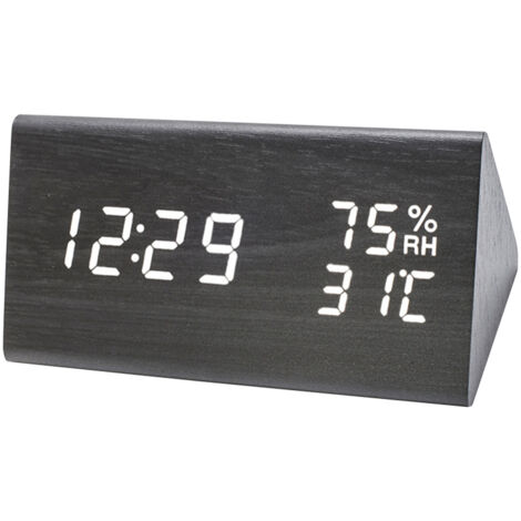 Réveil LED bois, affichage date température, 3 niveaux luminosité, commande vocale, thermomètre hygromètre intérieur (1/5)