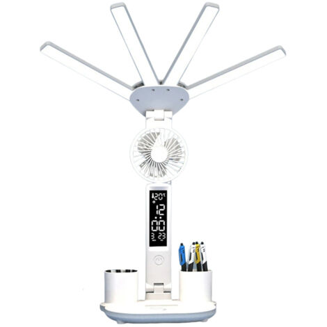 Lampe de bureau LED pliable avec ventilateur, horloge, température, variateur d'intensité (4 têtes) (1/5)