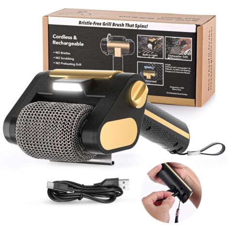 Brosse nettoyage barbecue électrique sans poils, rechargeable, rouleau acier inoxydable 350 tr/min, LED, batterie 2600 mAh (noir et or)