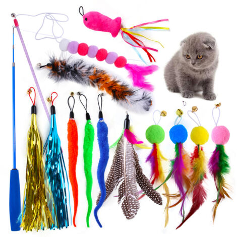 Ensemble de jouets pour chat : tête de rechange en forme de chenille avec plumes, pompon coloré, canne à pêche rétractable, bâtonnet amusant pour chat (14 pièces). (1/5)