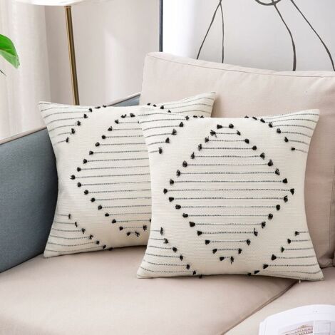DEESSE SHOP - Lot de 2 housses de coussin 45 x 45 cm, housse de coussin décorative bohème taie d'oreiller carrée tissée moderne pour canapé chambre salon, noir et blanc (1/5)