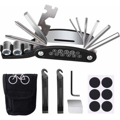 DEESSE SHOP - Kit d'outils de vélo, ensemble d'outils de réparation de vélo 16 en 1, kit de réparation de pneu de vélo outil multifonction pour vélo scooter moto, avec patch de pneu et leviers (1/5)