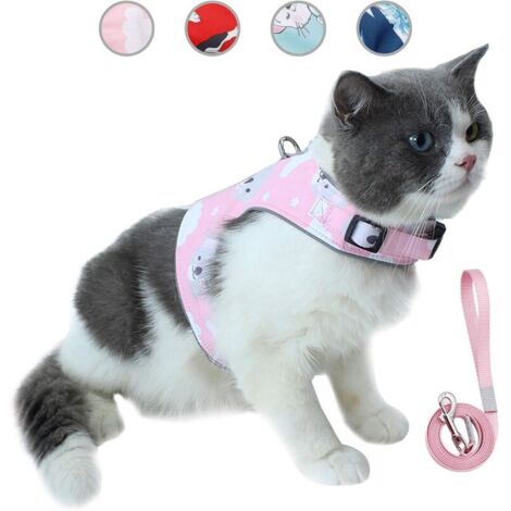 DEESSE SHOP - Ensemble laisse et harnais anti-évasion pour chat, gilet réfléchissant réglable en maille douce respirante pour animal domestique avec carte anti-perte innovante (L, rose) (1/5)