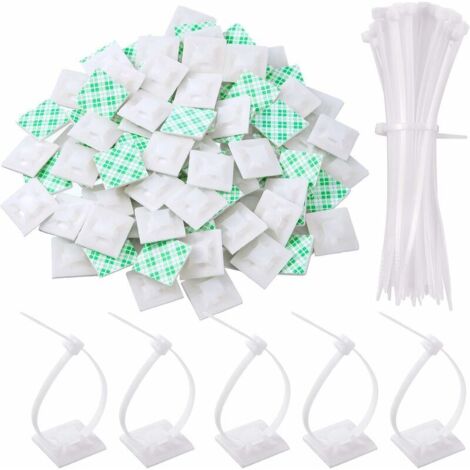 DEESSE SHOP - Lot de 100 attaches zippées adhésives, supports auto-adhésifs pour attaches de câble avec attache de câble universelle multi-usages (longueur 150 mm, largeur 2 cm, blanc) (1/5)